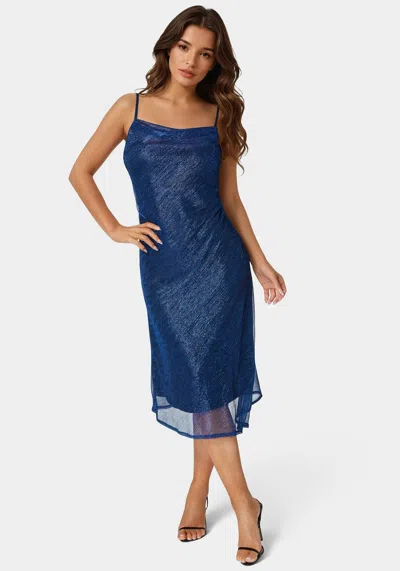 Bebe Cowl Neck Metallic Midi Slipdress In Royal