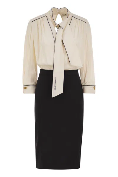 Shop Elisabetta Franchi Georgette And Crepe Dress With Piping In Butter/black