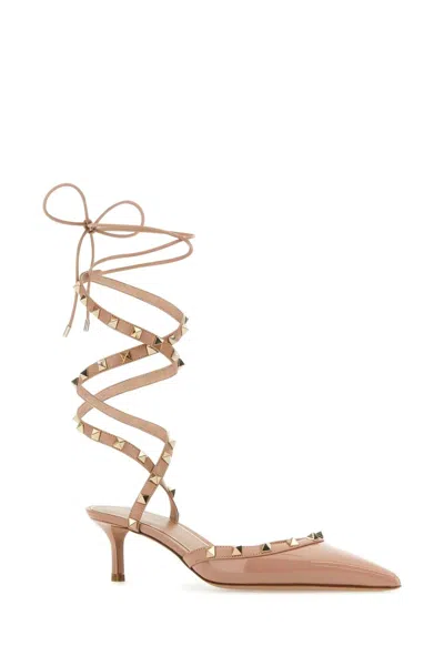 Valentino Leather Pumps With Pointed Toe And Studded Trimmings In Brown