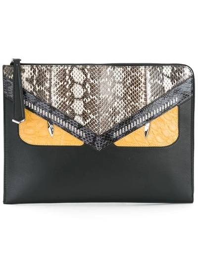 Fendi Monster Snakeskin And Crocodile Leather Clutch In Black