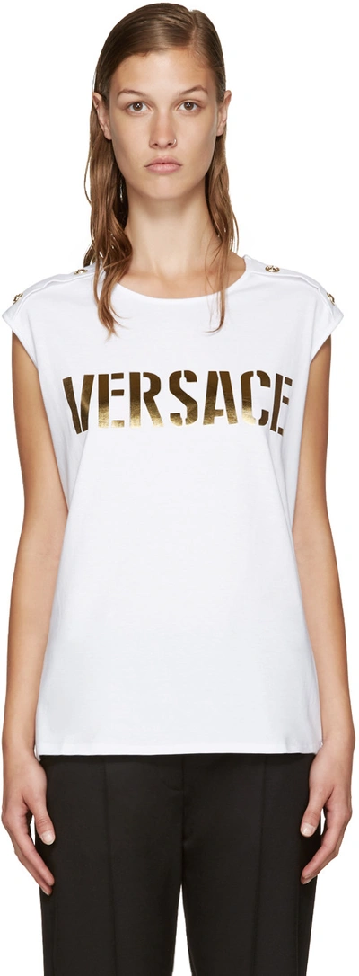 Shop Versace White & Gold Logo Tank Top