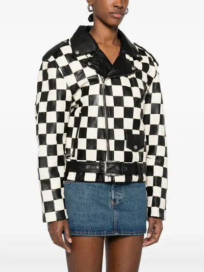 Mainless Check-pattern Biker Jacket In Black