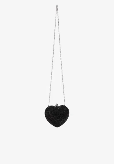 Mach&mach Small Heart Clutch Rhinestone Chain In Black