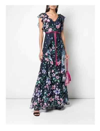Marchesa Floral Sleeveless Printed Chiffon Gown In Blue In Blue