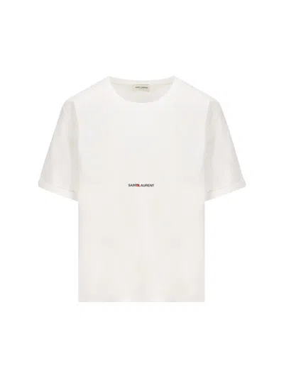 Saint Laurent Basic White T-shirt With Miiddle Logo Print In Cotton Woman In White