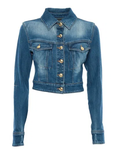 Elisabetta Franchi Denim Jacket Short Gold Buttons In Blue