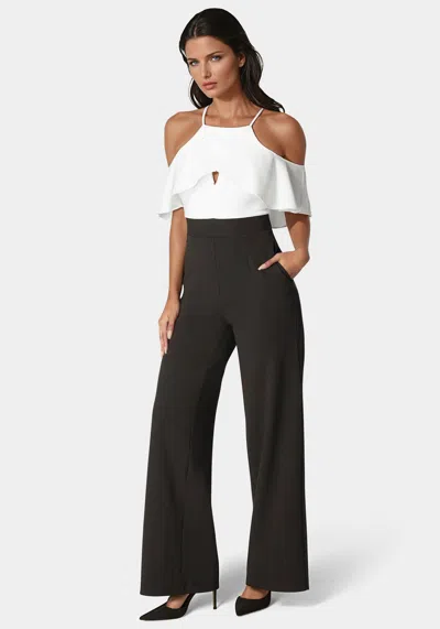 Bebe Cold Shoulder Palazzo Leg Jumpsuit In Black,white Alyssum