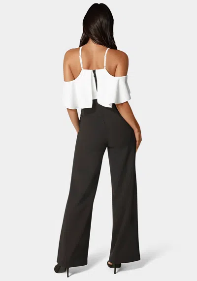 Bebe Cold Shoulder Palazzo Leg Jumpsuit In Black,white Alyssum