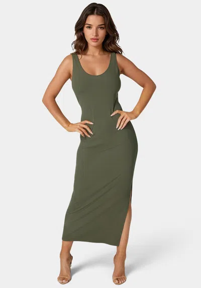 Bebe V Neck Rib Tank Maxi Dress In Olive