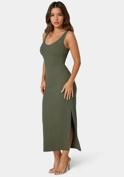 Bebe V Neck Rib Tank Maxi Dress In Olive