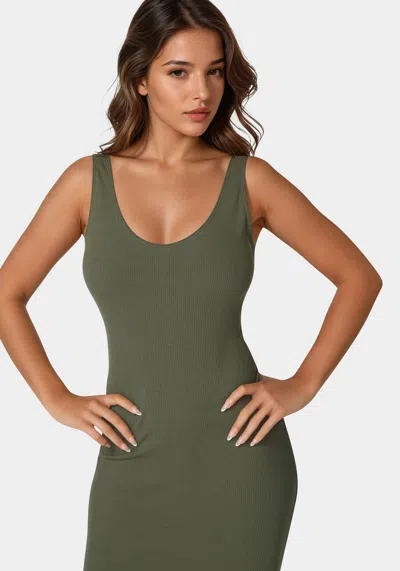 Bebe V Neck Rib Tank Maxi Dress In Olive