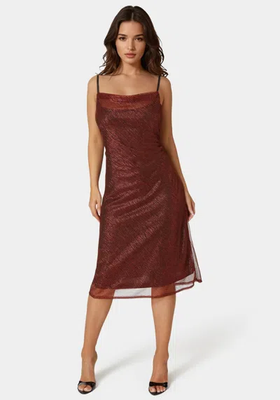 Bebe Cowl Neck Metallic Midi Slipdress In Red