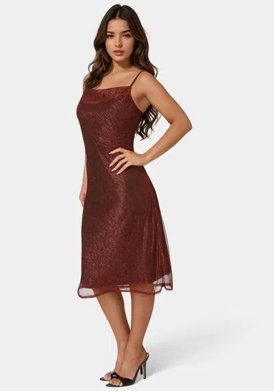 Bebe Cowl Neck Metallic Midi Slipdress In Red