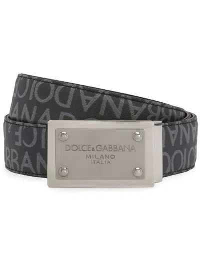 Dolce & Gabbana Men's Allover Logo Plaque Belt In Black