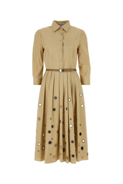 Prada Mirror Embellished Belted Midi Dress