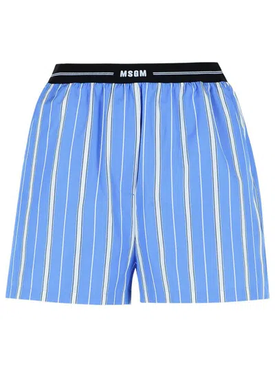 Msgm Blue Bermuda Shorts With Elastic Drawstring Waist With Logo Lettering And All-over Striped Motif In  In Blue
