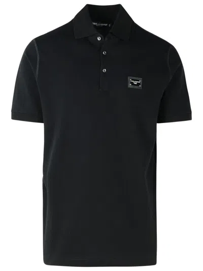 Dolce & Gabbana Cotton Polo Shirt With Buttoned Collar And Ribbed Accents In Black