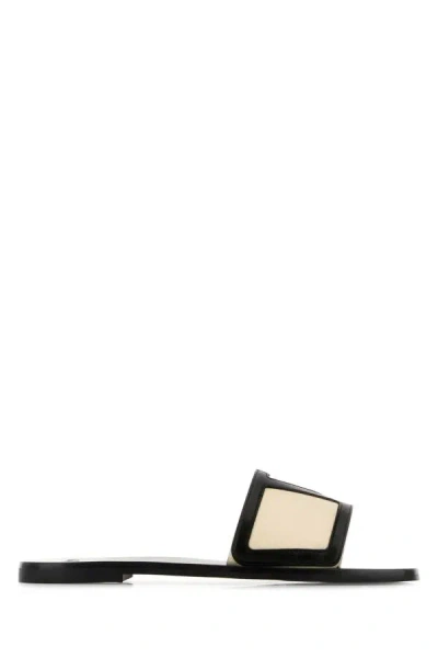 Valentino Butter White And Black Synthetic Slides With Wide Strap