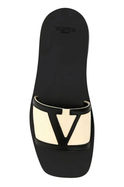 Valentino Butter White And Black Synthetic Slides With Wide Strap