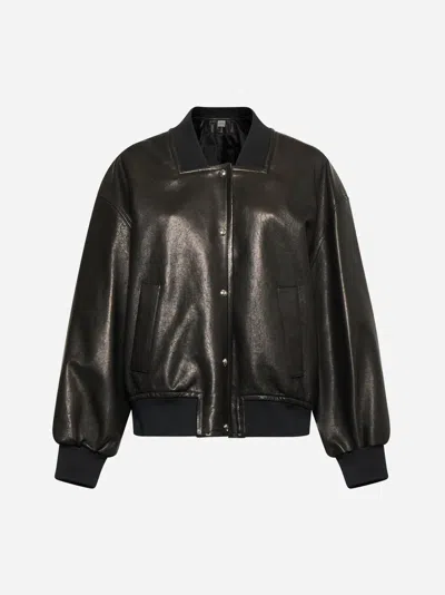 Shop Khaite Black Leather Spence Varsity Jacket