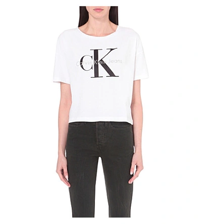 Calvin Klein Logo-print Cotton-jersey Cropped T-shirt In Bright White