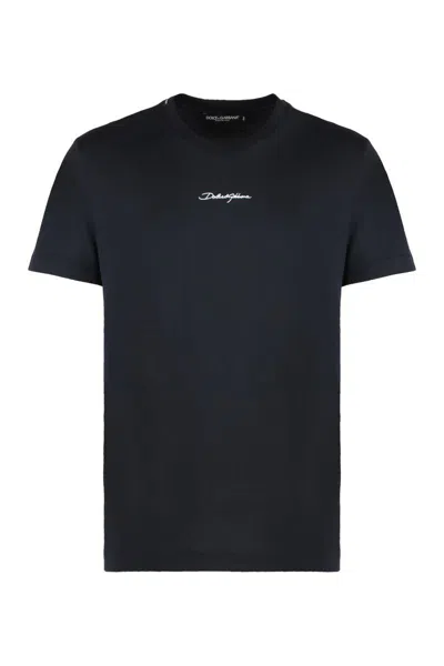 Dolce & Gabbana Black Crewneck T-shirt With Signature Logo In Cotton Man In Black