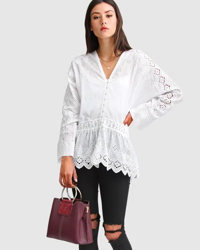 Belle & Bloom Unbutton Me Eyelet Button Down Shirt In White