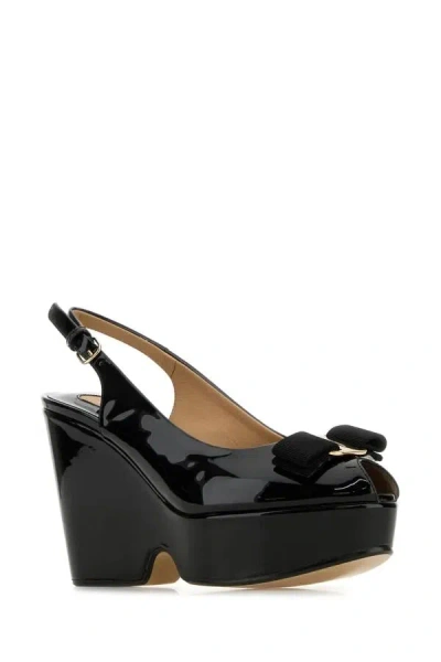 Ferragamo Black Leather Lally Wedges