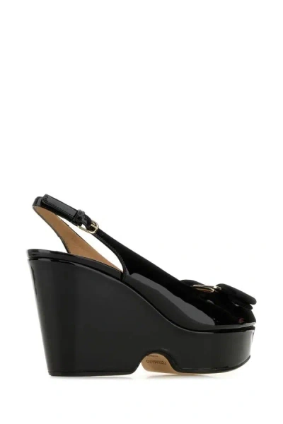 Ferragamo Black Leather Lally Wedges
