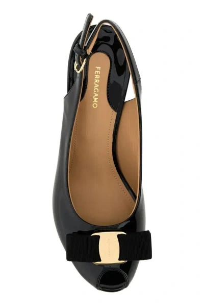 Ferragamo Black Leather Lally Wedges