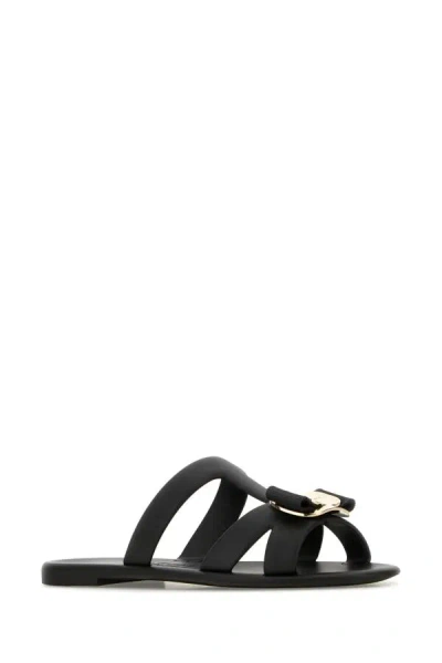 Ferragamo Lilou Vara Plate Flat Slides In Black