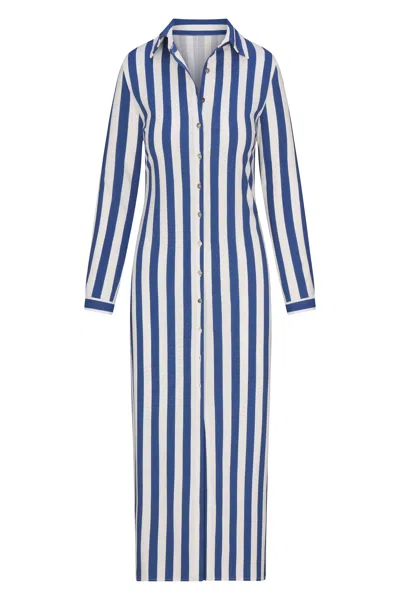 Anemos Collared Button-down Maxi Shirt Dress In Striped Stretch Twill In Azure Stripe