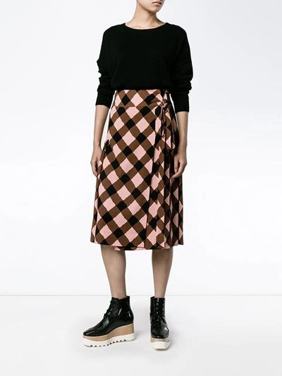 Shop Marni Checked Wrap Skirt In Brown