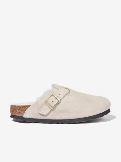 Birkenstock Taupe Kids' Boston Soft Footbed Suede Clogs Eur 32 / 13 Uk In White