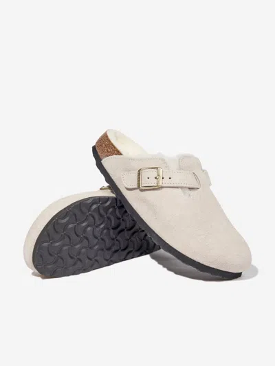 Birkenstock Taupe Kids' Boston Soft Footbed Suede Clogs Eur 32 / 13 Uk In White