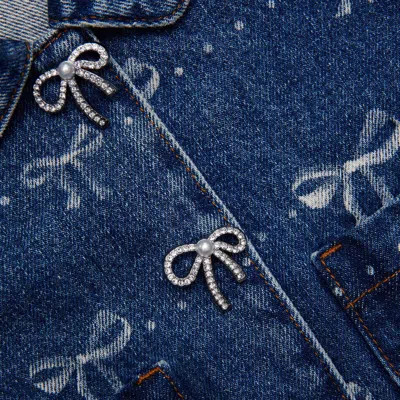 Self-portrait Denim Bow Printed Jacket In Blue