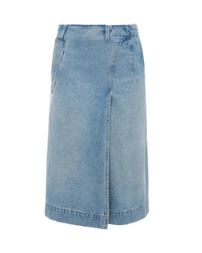 Victoria Beckham Blue Wrap Detail Denim Midi Skirt In Light Wash Denim