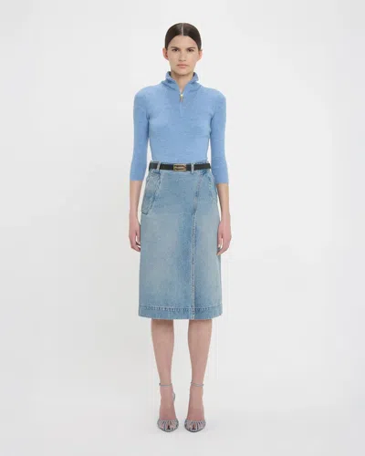 Victoria Beckham Blue Wrap Detail Denim Midi Skirt In Light Wash Denim
