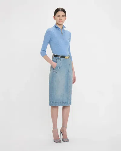 Victoria Beckham Blue Wrap Detail Denim Midi Skirt In Light Wash Denim