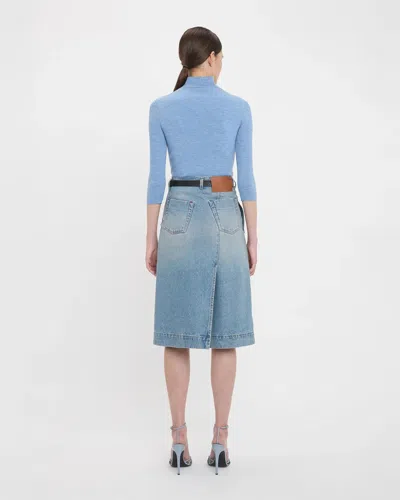 Victoria Beckham Blue Wrap Detail Denim Midi Skirt In Light Wash Denim