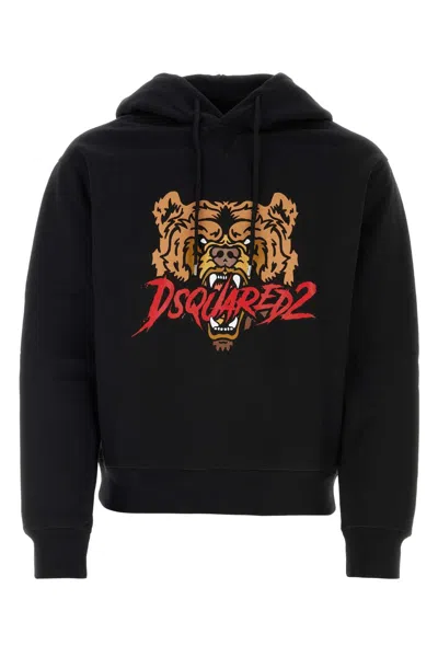 Dsquared2 Black Hoodie With Drawstring Hood And Maxi Logo Print On The Front In Cotton Man
