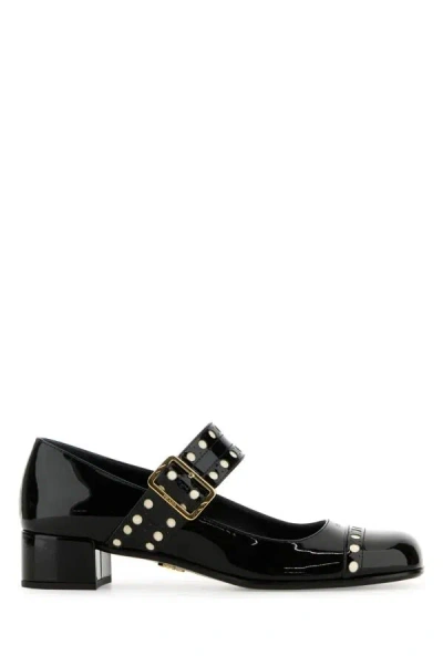 Prada Block Heel Round Toe Patent Finish Studded Detail