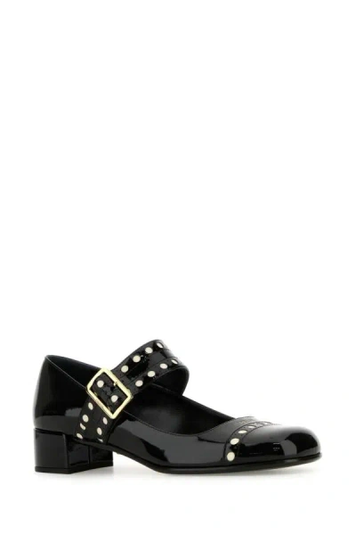 Prada Block Heel Round Toe Patent Finish Studded Detail