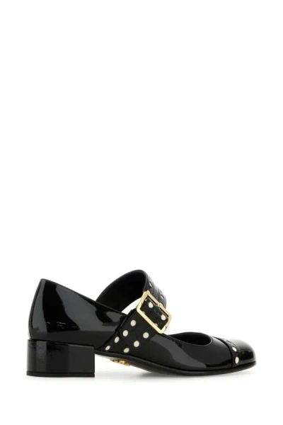 Prada Block Heel Round Toe Patent Finish Studded Detail