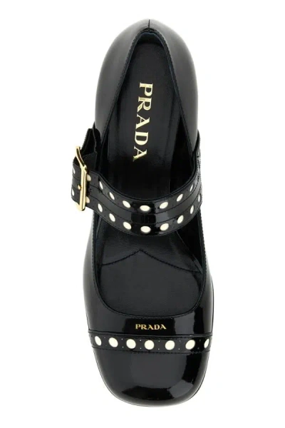 Prada Block Heel Round Toe Patent Finish Studded Detail