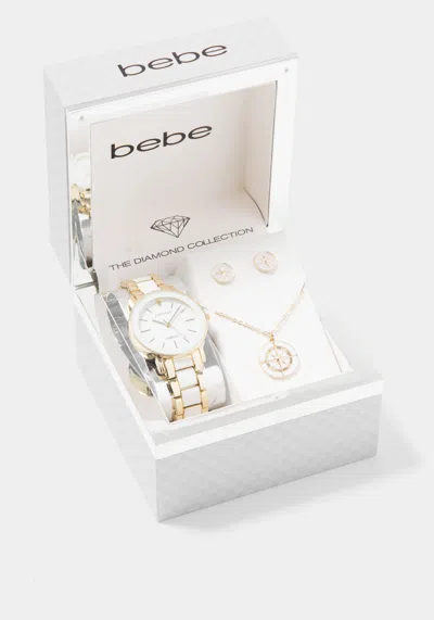 Bebe Diamond Dial Watch Necklace And Earring Set In White
