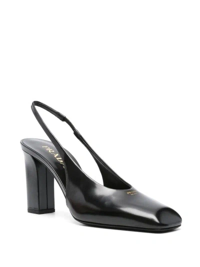 Prada Block Heel Patent Finish Pointed Toe Ballerina Shoes In Black