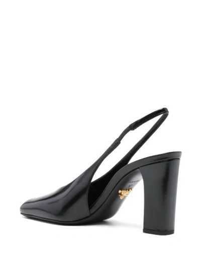 Prada Block Heel Patent Finish Pointed Toe Ballerina Shoes In Black