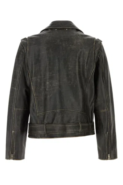 Golden Goose Black Biker Jacket With Notched Revers And Leopard Lining