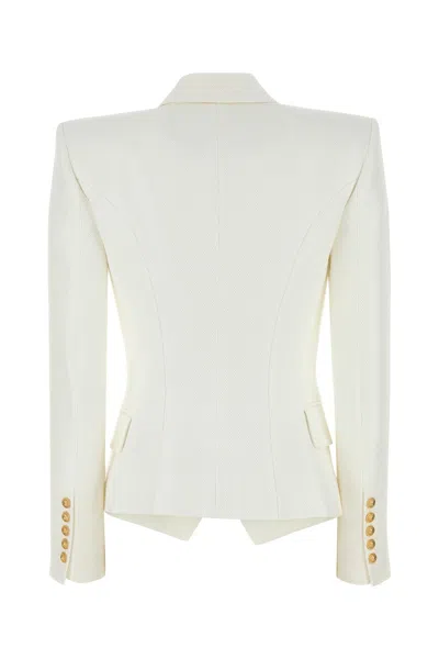 Balmain White Double-breasted Jacket With Peak Lapels And Logo Buttons In Fabric Women